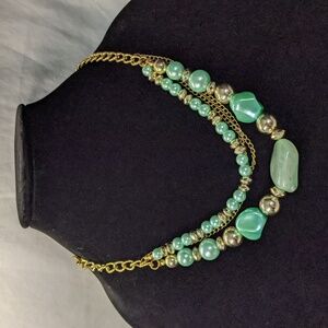 Mixed Media Gold-tone And Robin's-egg Blue Multi Tiered Necklace, Adjustable
